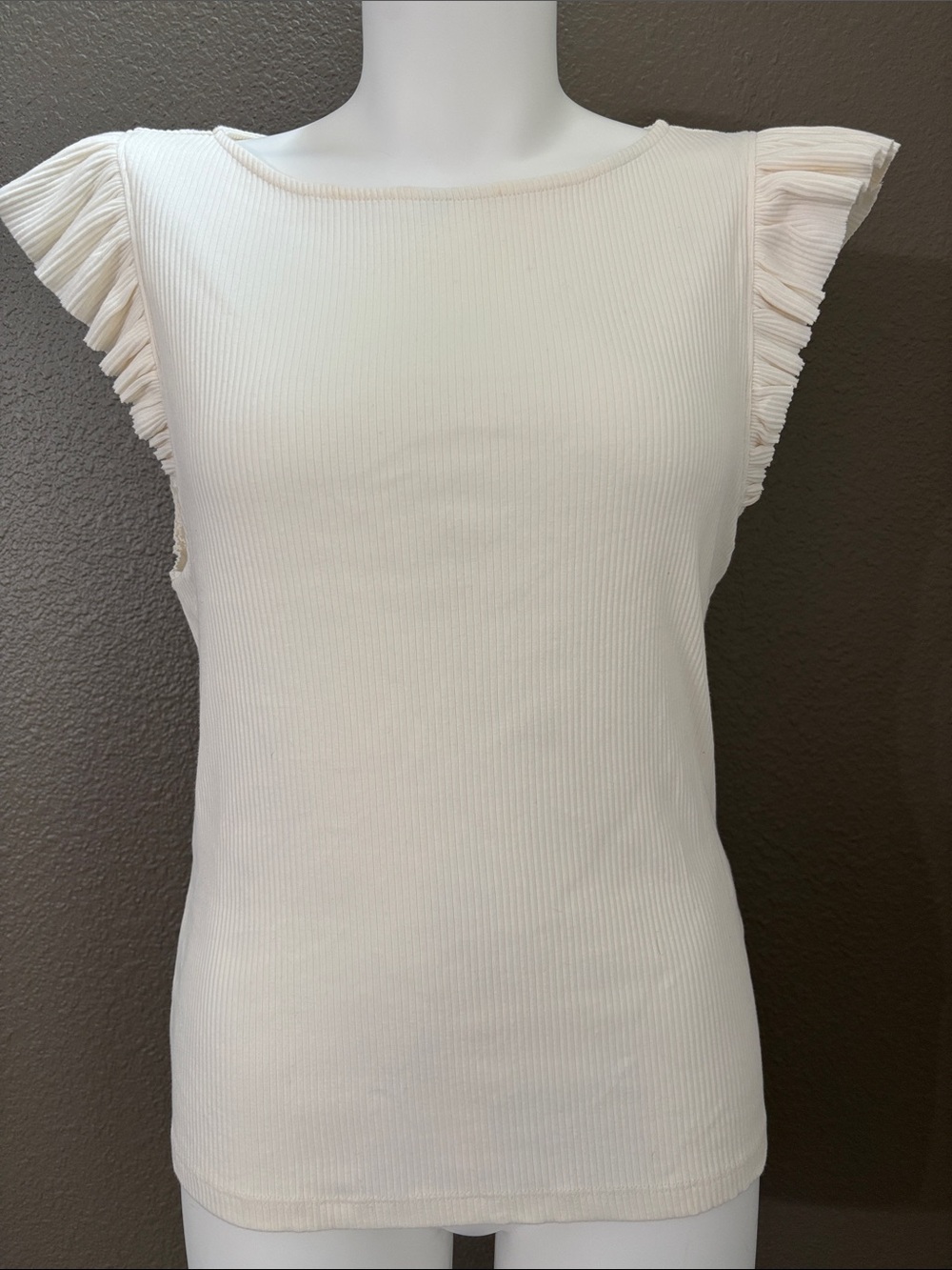 J. Crew Cream Ribbed Tank with Ruffle Flutter Fairy Sleeves, Womens Large